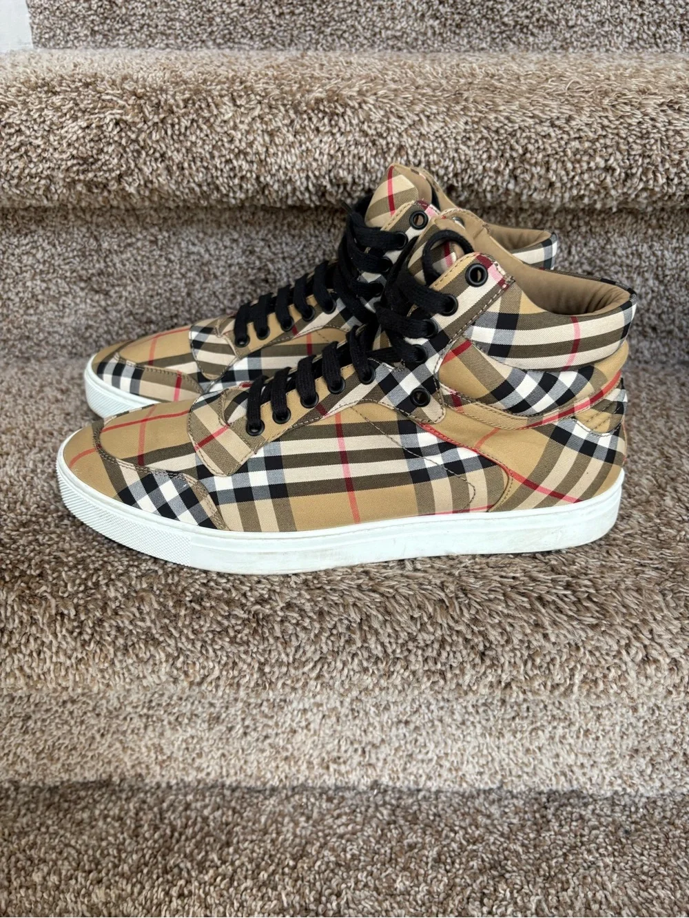 Burberry Men’s High-Top Nova Check Sneakers in Tan, Black, Red